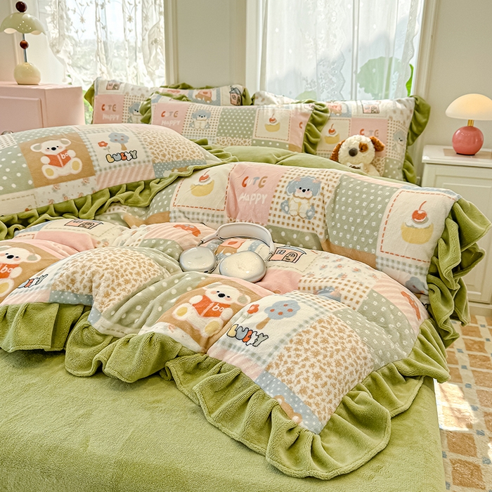 91家纺网 家纺一手货源 找家纺 归属 2025新款韩版花边牛奶绒四件套 童趣乐园