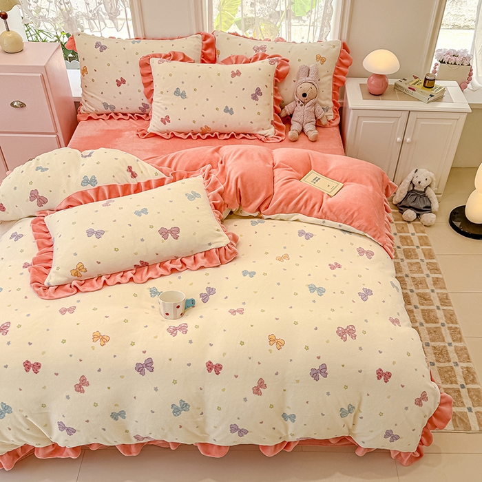 91家纺网 家纺一手货源 找家纺 归属 2025新款韩版花边牛奶绒四件套 星空蝴蝶