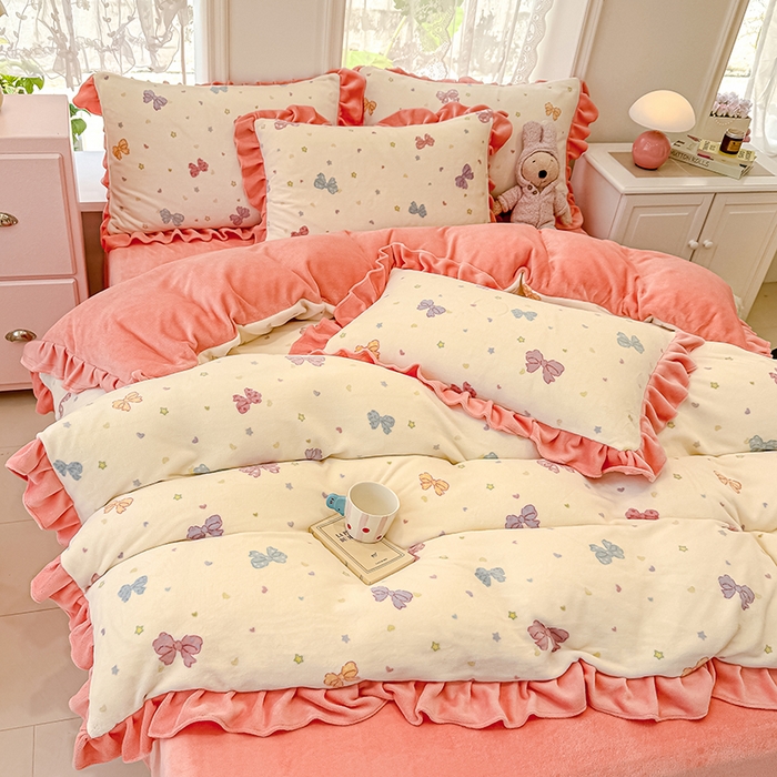 91家纺网 家纺一手货源 找家纺 归属 2025新款韩版花边牛奶绒四件套 星空蝴蝶