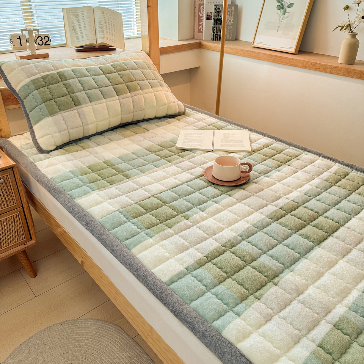 91家纺网 家纺一手货源 找家纺 喜居 【加厚200g夹棉】2025新款无印风良品牛奶绒床垫床褥子 良品-绿大格