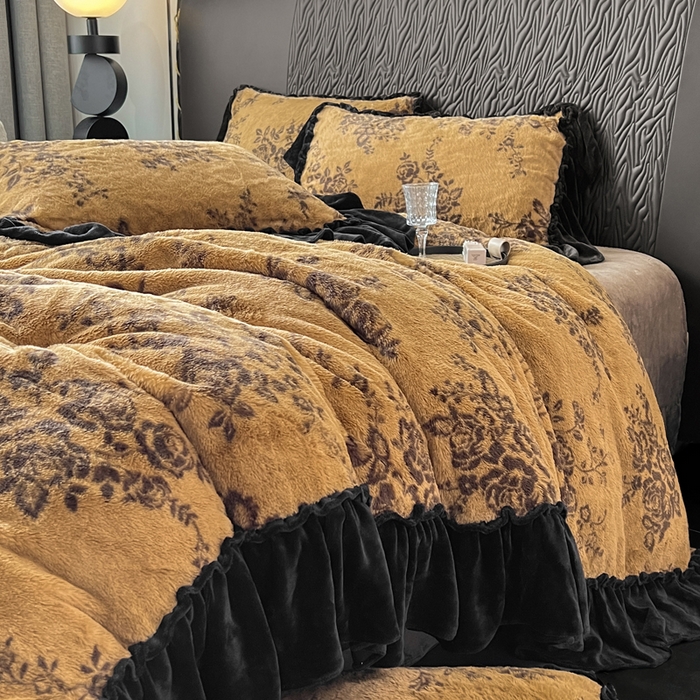 91家纺网 家纺一手货源 找家纺 创爱家纺 2025新款法式韩版花边兔毛绒印花四件套 法式花边-晚意