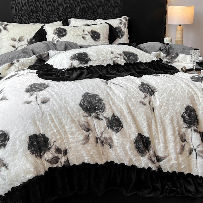 91家纺网 家纺一手货源 找家纺 创爱家纺 2025新款法式韩版花边兔毛绒印花四件套 法式花边-玫瑰