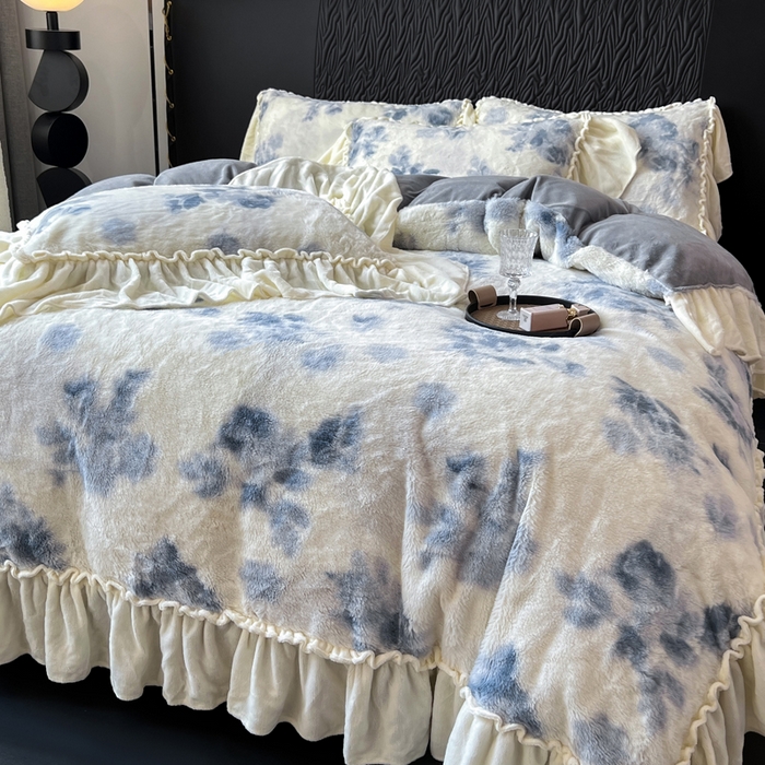 91家纺网 家纺一手货源 找家纺 （总）创爱家纺 2025新款法式韩版花边兔毛绒印花四件套