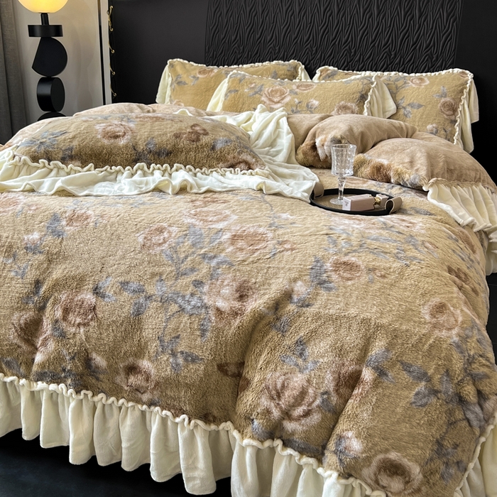 91家纺网 家纺一手货源 找家纺 （总）创爱家纺 2025新款法式韩版花边兔毛绒印花四件套