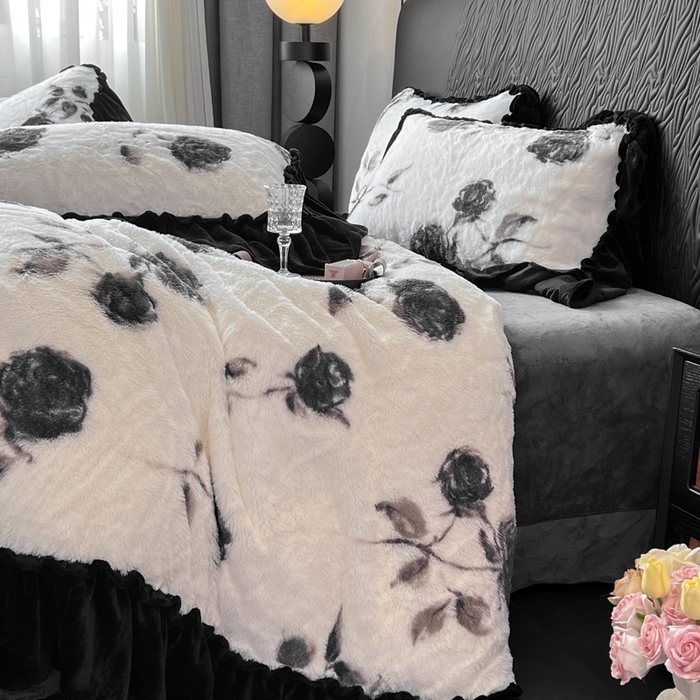 91家纺网 家纺一手货源 找家纺 创爱家纺 2025新款法式韩版花边兔毛绒印花四件套 法式花边-玫瑰