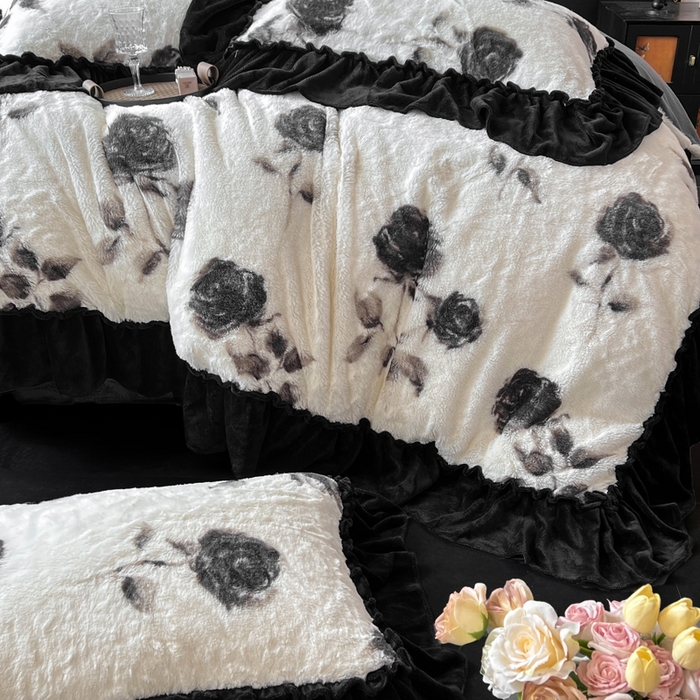 91家纺网 家纺一手货源 找家纺 创爱家纺 2025新款法式韩版花边兔毛绒印花四件套 法式花边-玫瑰