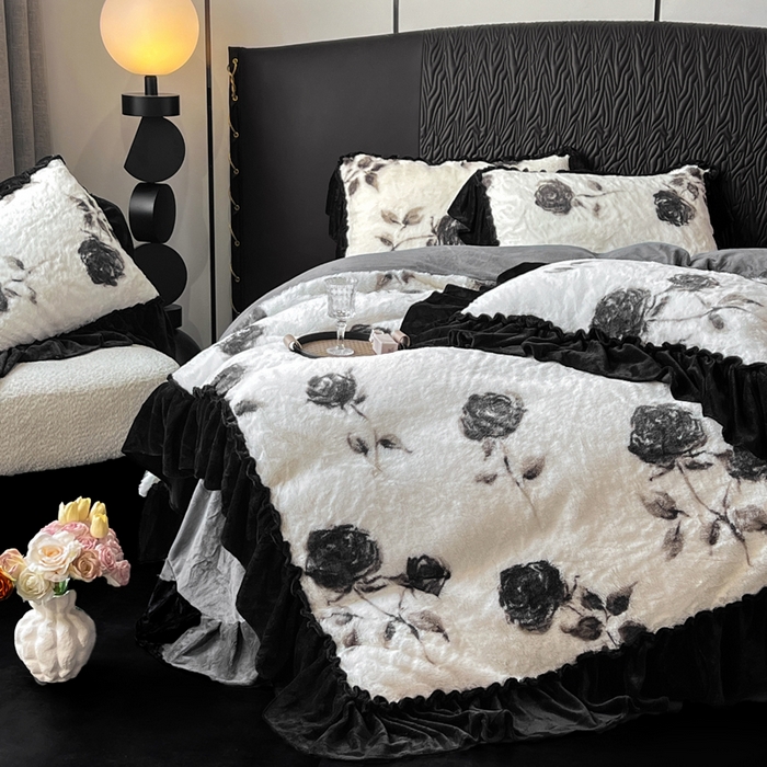 91家纺网 家纺一手货源 找家纺 创爱家纺 2025新款法式韩版花边兔毛绒印花四件套 法式花边-玫瑰