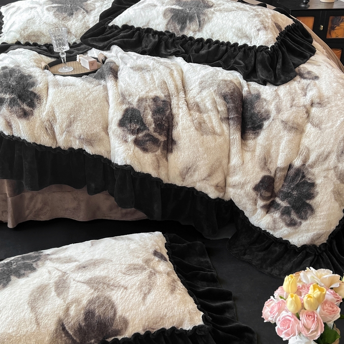 91家纺网 家纺一手货源 找家纺 （总）创爱家纺 2025新款法式韩版花边兔毛绒印花四件套