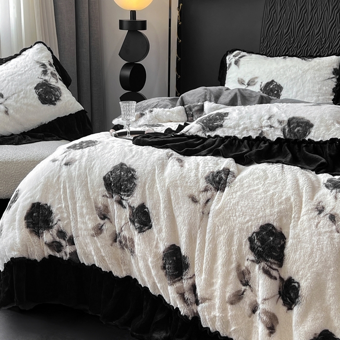 91家纺网 家纺一手货源 找家纺 创爱家纺 2025新款法式韩版花边兔毛绒印花四件套 法式花边-玫瑰