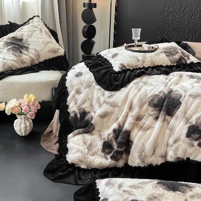 91家纺网 家纺一手货源 找家纺 （总）创爱家纺 2025新款法式韩版花边兔毛绒印花四件套