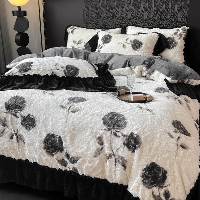 创爱家纺 2025新款法式韩版花边兔毛绒印花四件套 法式花边-玫瑰