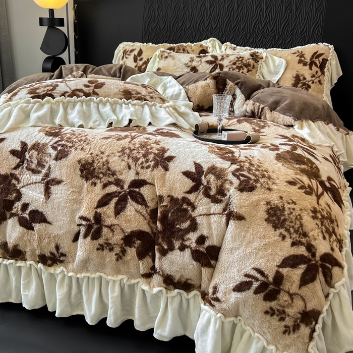 91家纺网 家纺一手货源 找家纺 （总）创爱家纺 2025新款法式韩版花边兔毛绒印花四件套