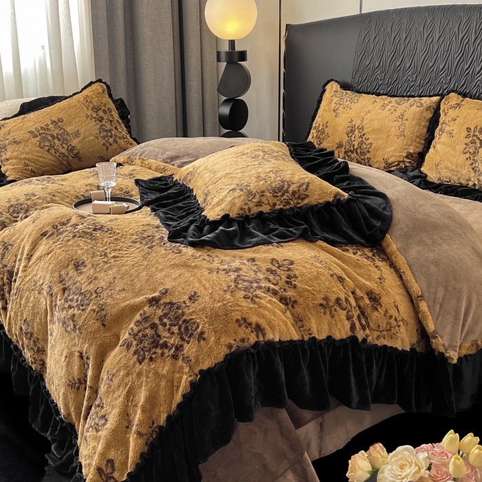 91家纺网 家纺一手货源 找家纺 创爱家纺 2025新款法式韩版花边兔毛绒印花四件套 法式花边-晚意