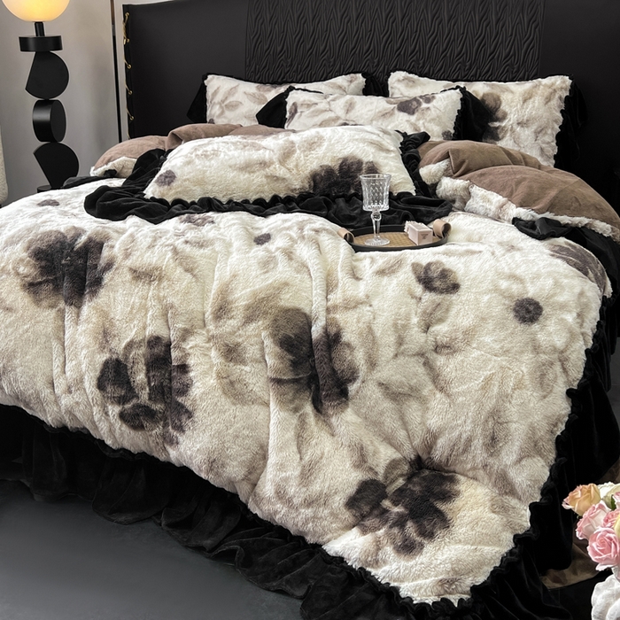 91家纺网 家纺一手货源 找家纺 （总）创爱家纺 2025新款法式韩版花边兔毛绒印花四件套