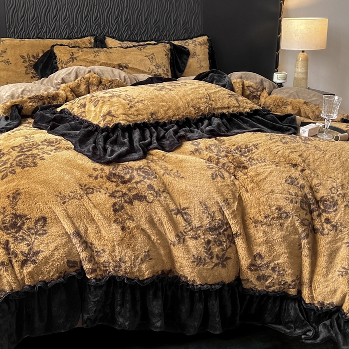 91家纺网 家纺一手货源 找家纺 创爱家纺 2025新款法式韩版花边兔毛绒印花四件套 法式花边-晚意