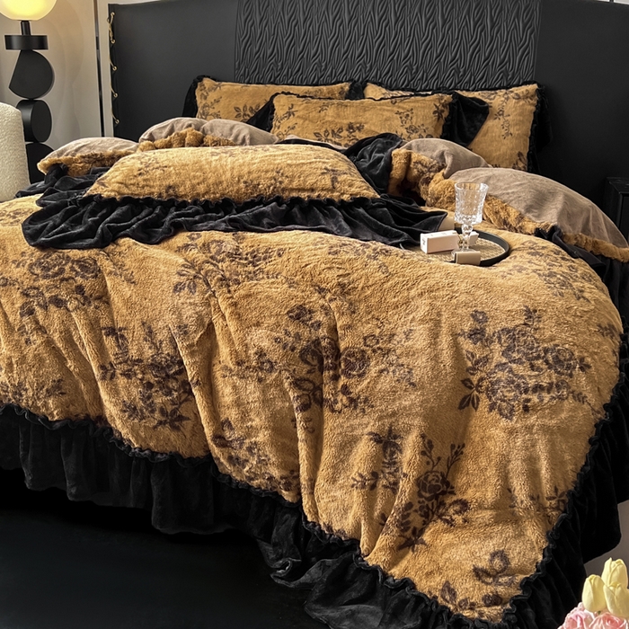 91家纺网 家纺一手货源 找家纺 创爱家纺 2025新款法式韩版花边兔毛绒印花四件套 法式花边-晚意