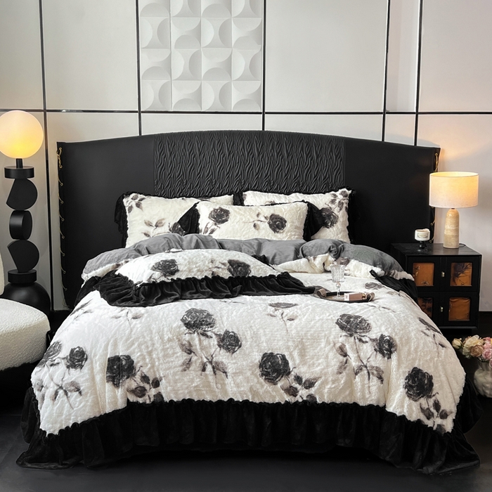 91家纺网 家纺一手货源 找家纺 创爱家纺 2025新款法式韩版花边兔毛绒印花四件套 法式花边-玫瑰