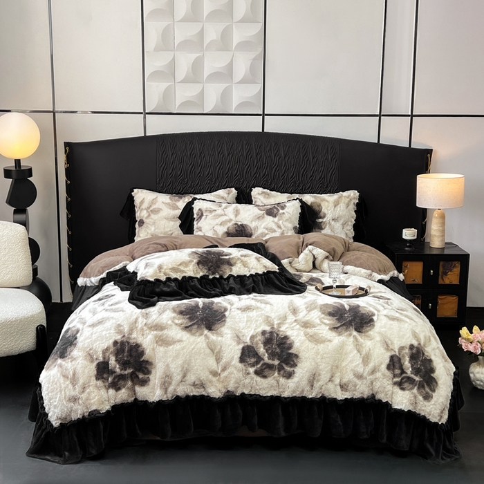 91家纺网 家纺一手货源 找家纺 （总）创爱家纺 2025新款法式韩版花边兔毛绒印花四件套