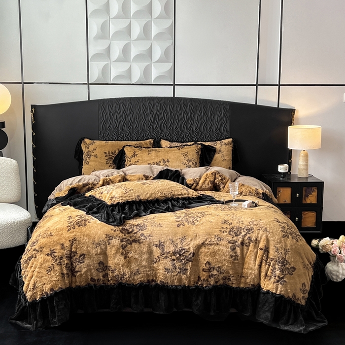 91家纺网 家纺一手货源 找家纺 创爱家纺 2025新款法式韩版花边兔毛绒印花四件套 法式花边-晚意