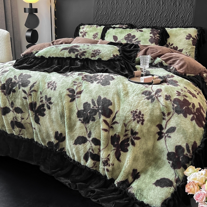 91家纺网 家纺一手货源 找家纺 创爱家纺 2025新款法式韩版花边兔毛绒印花四件套 法式花边-椿野