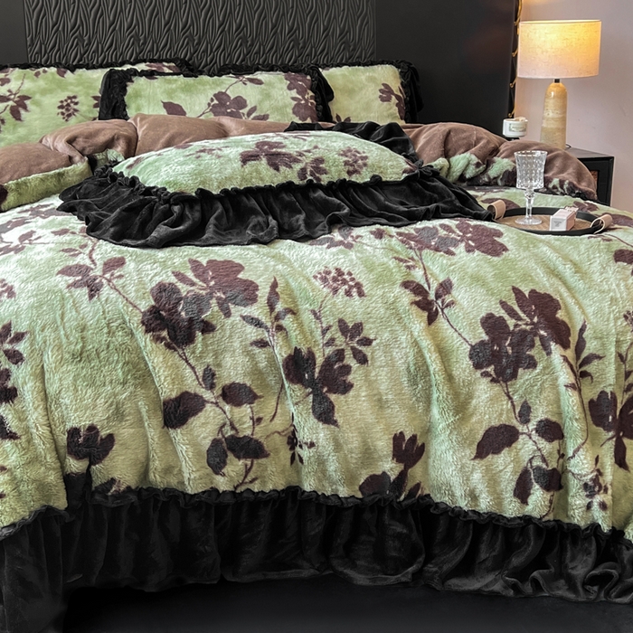 91家纺网 家纺一手货源 找家纺 创爱家纺 2025新款法式韩版花边兔毛绒印花四件套 法式花边-椿野