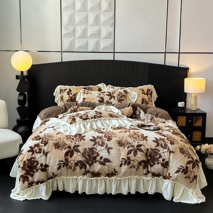 91家纺网 家纺一手货源 找家纺 创爱家纺 2025新款法式韩版花边兔毛绒印花四件套 法式花边-映秋