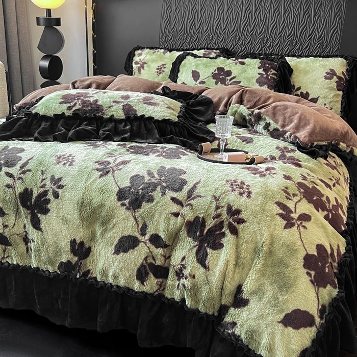 创爱家纺 2025新款法式韩版花边兔毛绒印花四件套 法式花边-椿野