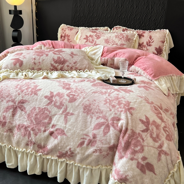 创爱家纺 2025新款法式韩版花边兔毛绒印花四件套 法式花边-花间密语