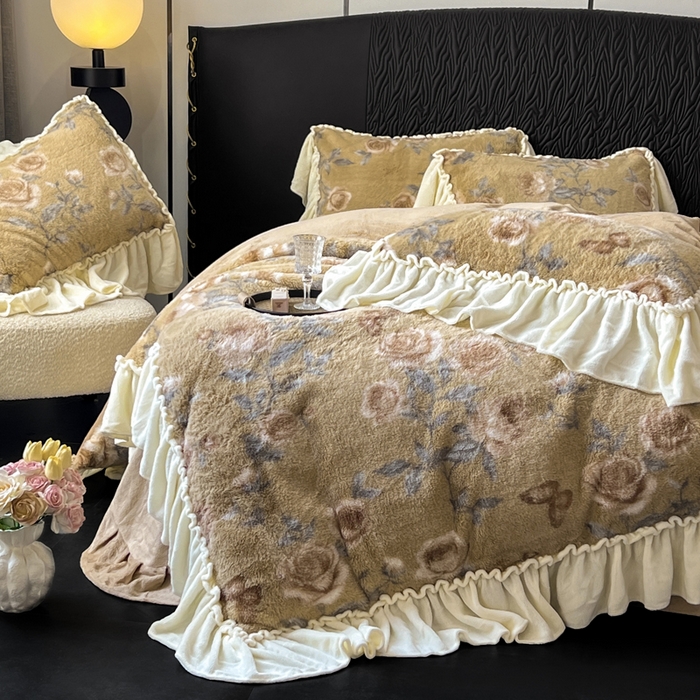 91家纺网 家纺一手货源 找家纺 创爱家纺 2025新款法式韩版花边兔毛绒印花四件套 法式花边-若汐