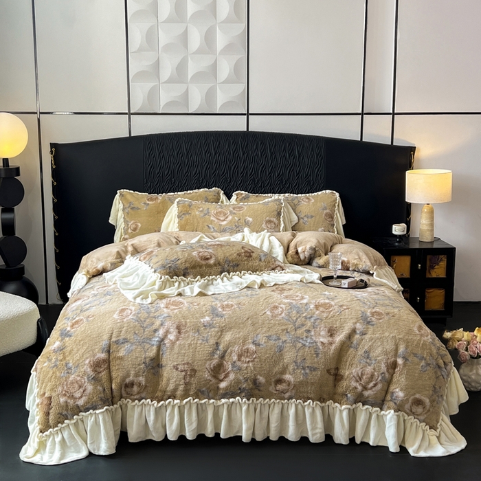 91家纺网 家纺一手货源 找家纺 创爱家纺 2025新款法式韩版花边兔毛绒印花四件套 法式花边-若汐