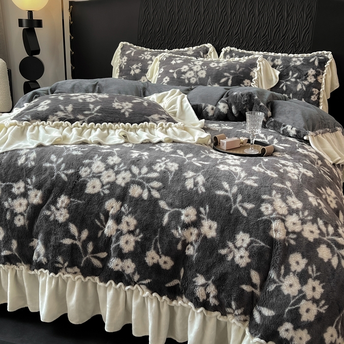 创爱家纺 2025新款法式韩版花边兔毛绒印花四件套 法式花边-莫奈花园