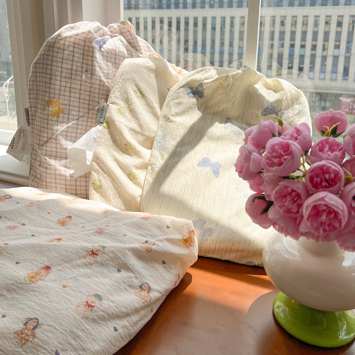 91家纺网 家纺一手货源 找家纺 一比一 2025新款古法水洗棉小布袋高克重云柔棉四件套 小布袋包装