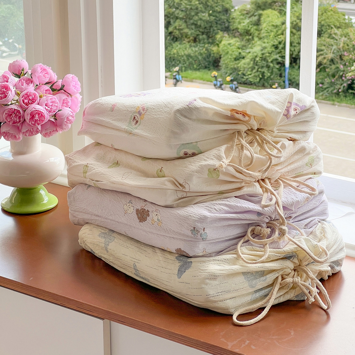 91家纺网 家纺一手货源 找家纺 一比一 2025新款古法水洗棉小布袋高克重云柔棉四件套 小布袋包装