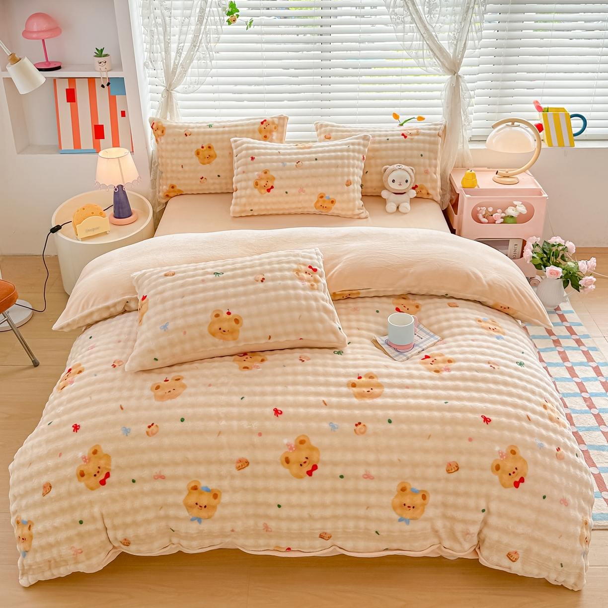 91家纺网 家纺一手货源 找家纺 归属 2025新款牛奶绒泡泡绒四件套 奶油熊