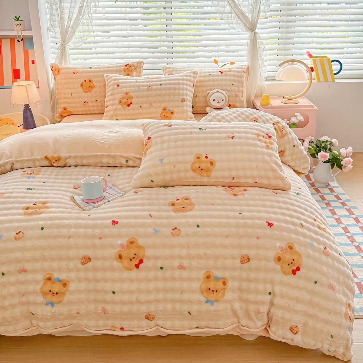 91家纺网 家纺一手货源 找家纺 归属 2025新款牛奶绒泡泡绒四件套 奶油熊