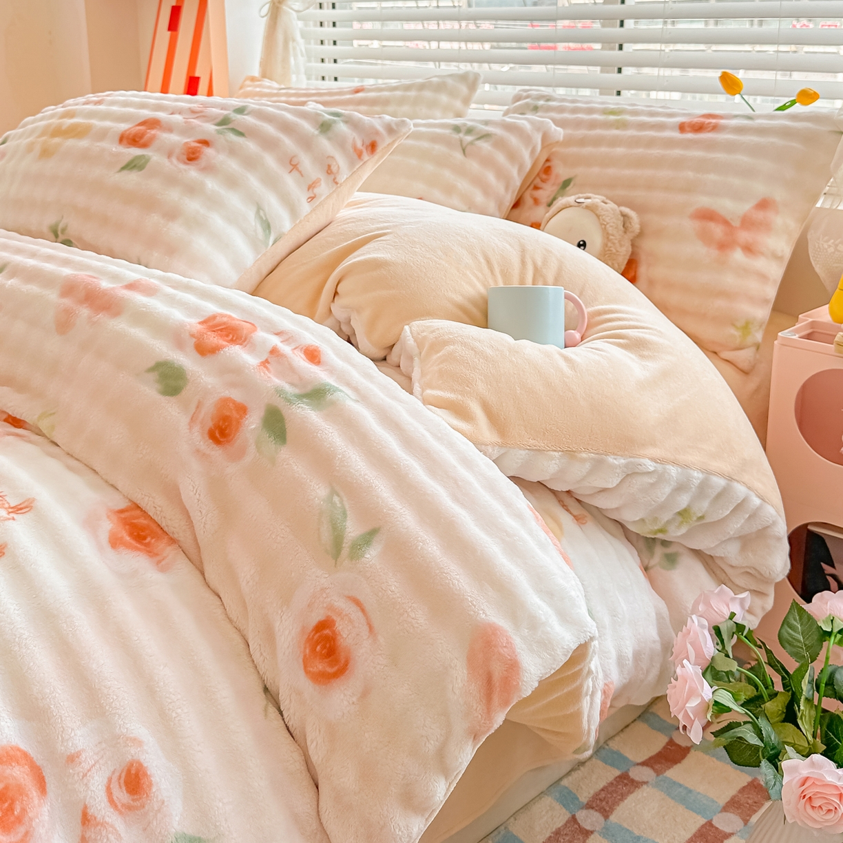 归属 2025新款牛奶绒泡泡绒四件套 暖玫瑰