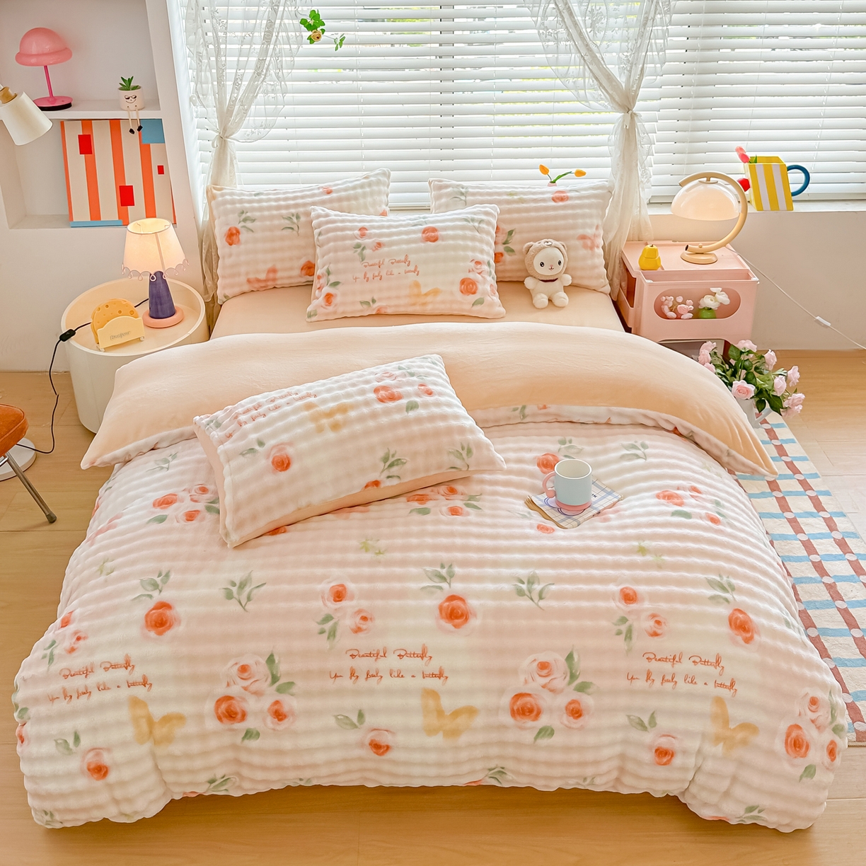 91家纺网 家纺一手货源 找家纺 归属 2025新款牛奶绒泡泡绒四件套 暖玫瑰