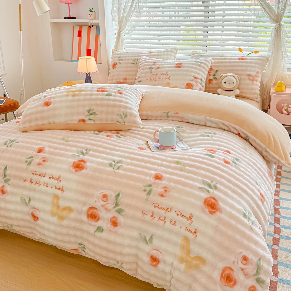 91家纺网 家纺一手货源 找家纺 归属 2025新款牛奶绒泡泡绒四件套 暖玫瑰