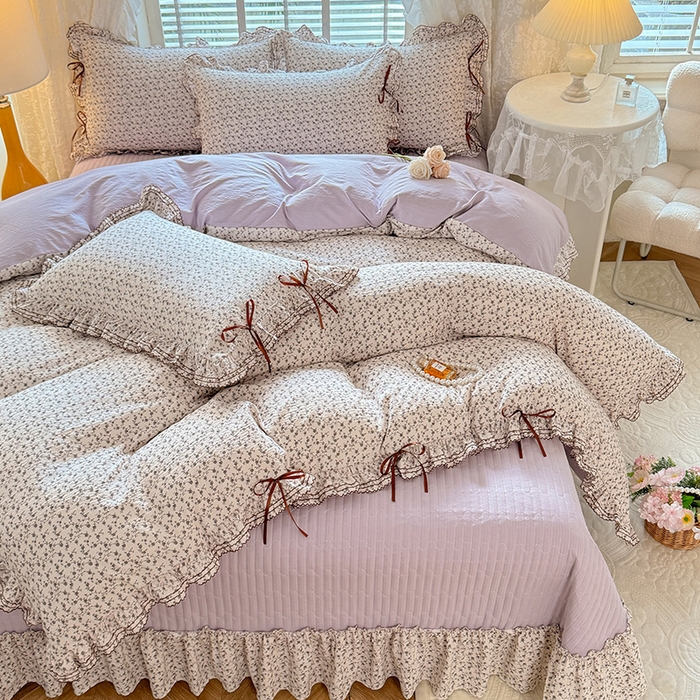 91家纺网 家纺一手货源 找家纺 韩约家纺 2025新款韩约1韩式蝴蝶结床盖款棉麻四件套 诗雨