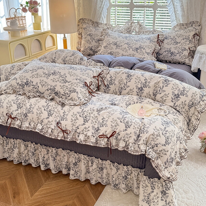 91家纺网 家纺一手货源 找家纺 韩约家纺 2025新款韩约1韩式蝴蝶结床盖款棉麻四件套 兰玲花