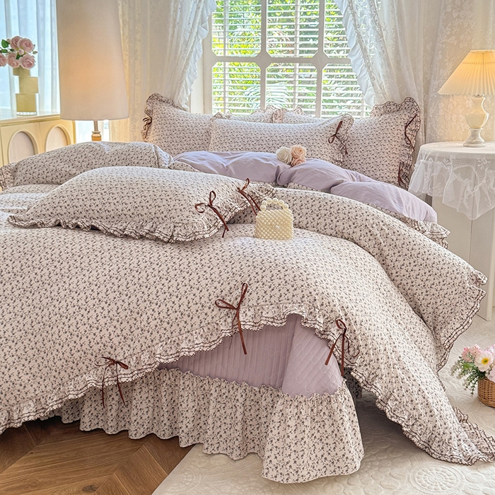 韩约家纺 2025新款韩约1韩式蝴蝶结床盖款棉麻四件套 诗雨