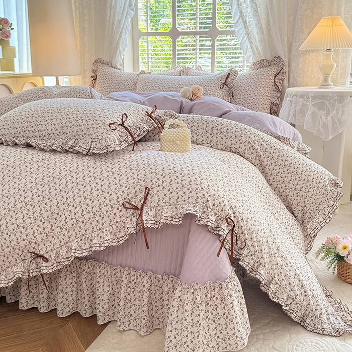 91家纺网 家纺一手货源 找家纺 韩约家纺 2025新款韩约1韩式蝴蝶结床盖款棉麻四件套 诗雨