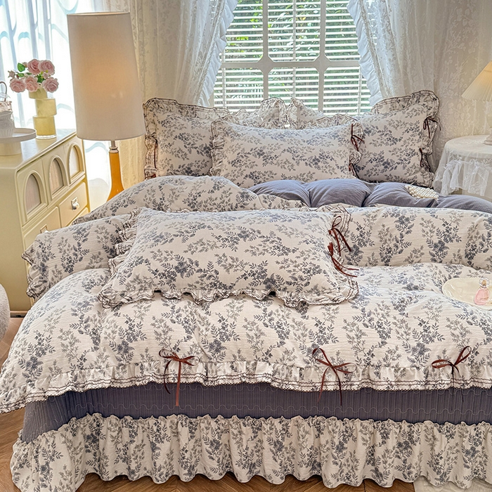 91家纺网 家纺一手货源 找家纺 韩约家纺 2025新款韩约1韩式蝴蝶结床盖款棉麻四件套 兰玲花