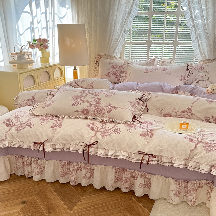 91家纺网 家纺一手货源 找家纺 韩约家纺 2025新款韩约1韩式蝴蝶结床盖款棉麻四件套 秋韵