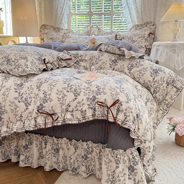 91家纺网 家纺一手货源 找家纺 韩约家纺 2025新款韩约1韩式蝴蝶结床盖款棉麻四件套 兰玲花