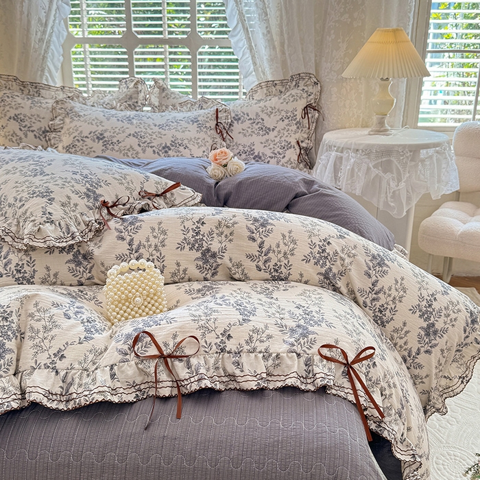 91家纺网 家纺一手货源 找家纺 韩约家纺 2025新款韩约1韩式蝴蝶结床盖款棉麻四件套 兰玲花