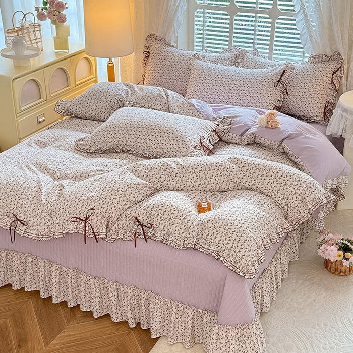 91家纺网 家纺一手货源 找家纺 韩约家纺 2025新款韩约1韩式蝴蝶结床盖款棉麻四件套 诗雨