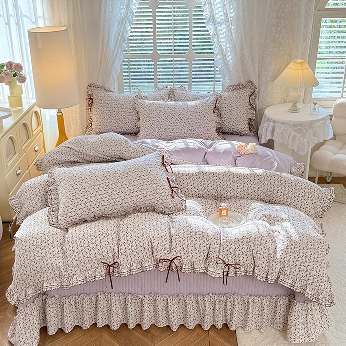 91家纺网 家纺一手货源 找家纺 韩约家纺 2025新款韩约1韩式蝴蝶结床盖款棉麻四件套 诗雨