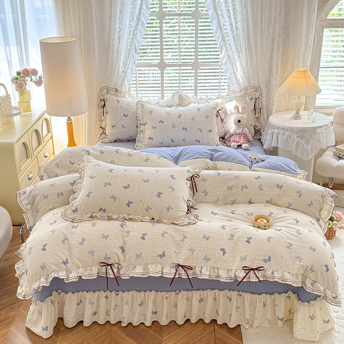 91家纺网 家纺一手货源 找家纺 韩约家纺 2025新款韩约1韩式蝴蝶结床盖款棉麻四件套 美蝶