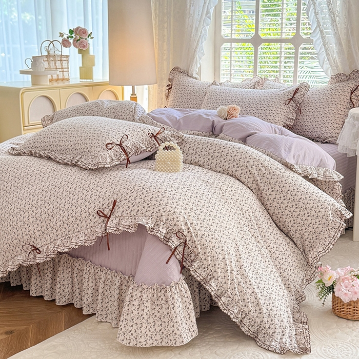 91家纺网 家纺一手货源 找家纺 韩约家纺 2025新款韩约1韩式蝴蝶结床盖款棉麻四件套 诗雨
